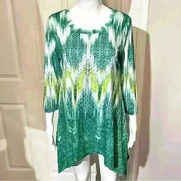 One World Womens 3/4 Sleeve Tunic Top Embellished Green Blouse Small - Picture 1 of 11